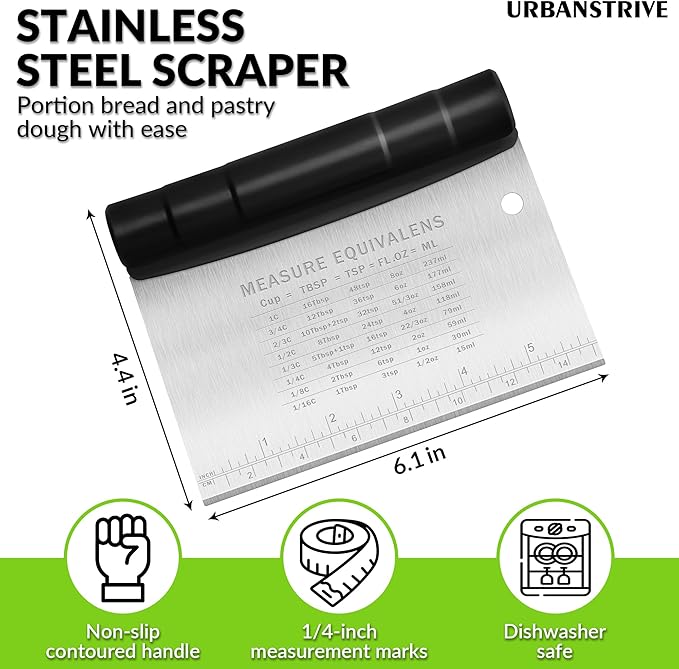 Urbanstrive Bench Scraper for Baking, Stainless Steel Dough Cutter and Scraper Tool Kitchen, Kitchen Scraper Food Scraper Tool Pizza Cutter Food Chopper, Multi-Purpose Kitchen Gadgets, Black