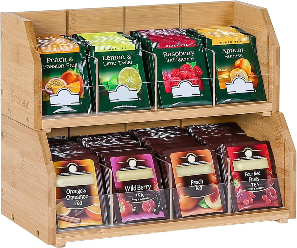 2-Layer Stackable Bamboo Tea Bag Organizer Storage Holder, Natural