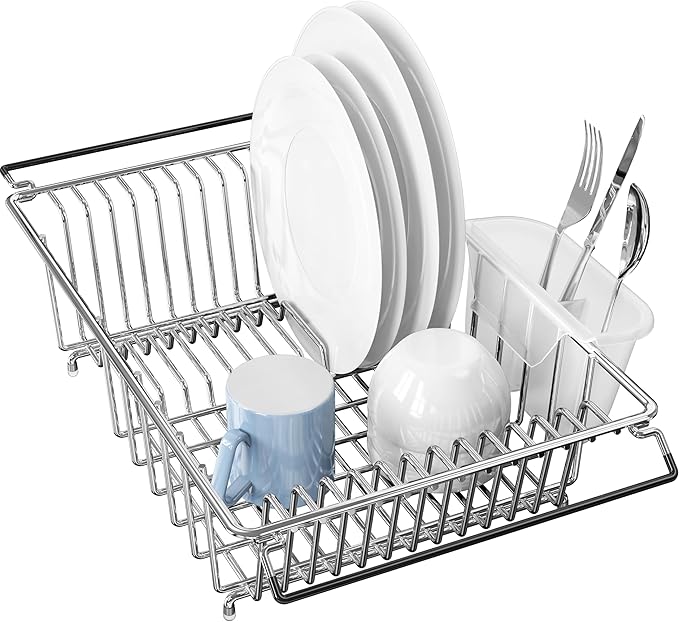 Simple Houseware Large Over Sink Counter Top Stainless Steel Dish Drainer Drying Rack with Utensil Holder, Chrome