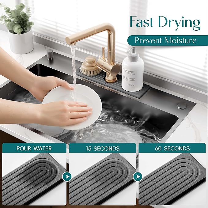 eormoe Diatomite Kitchen Faucet Mat - 14Inch Water Absorbing Stone Tray for Sink, Stone Fast-Drying Faucet Mat for Kitchen Counter Sink Accessories (Dark Grey, 14'' x 3.9'')