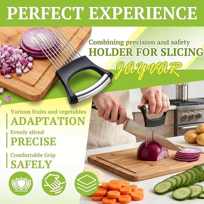 JAYVAR Onion Holder for Slicing,304 Stainless Steel Onion Slice Holder with 10 Long Needles,Onions Cutter Vegetable Chopper,Onions Chopper Tool,Food Slicing Guide for Neat Slicing,Tomato Potato Cutter