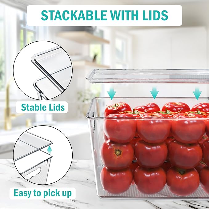 YAN & HIN 10 Pack Clear Storage Bins with Lids, Stackable Plastic Organizer Bins with Handles, Pantry Organizers and Storage for Kitchen Cabinet, Fridge, Bathroom, Closet and Shelf Organization
