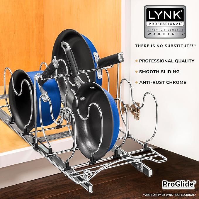 LYNK PROFESSIONAL® Pull Out Cabinet Organizer for Pots and Pans – Under Cabinet Pots and Pans Organizer – Cabinet Slide Out Shelves – Pot and Pan Lid Organizer Rack for Cabinet - 11" W x 21" D, Chrome