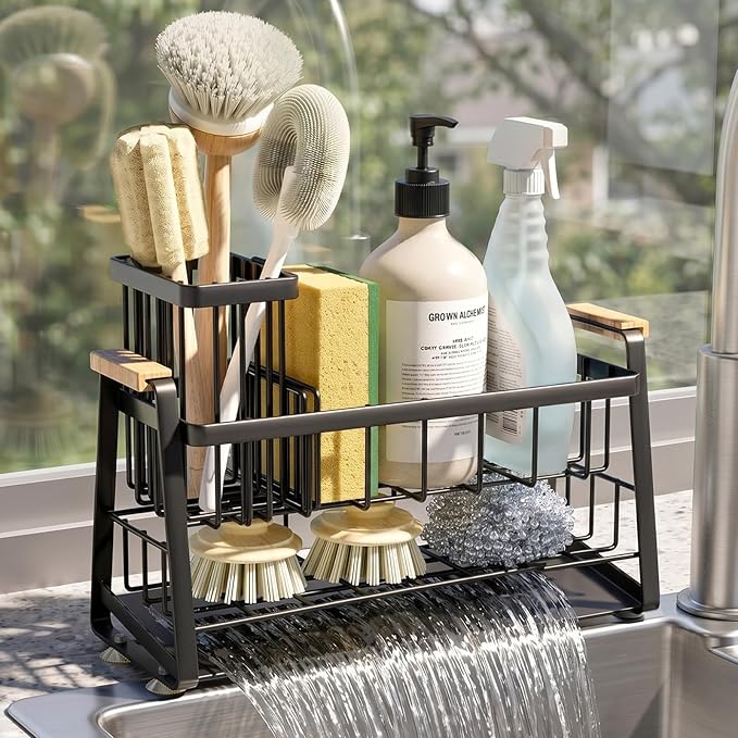 Housolution Sink Caddy Organizer, 2-Tier Sponge Holder for Kitchen Sink with Flexible High Brush Holder, Kitchen Countertop Storage Accessories, Soap Dispenser Organizer, Rustproof