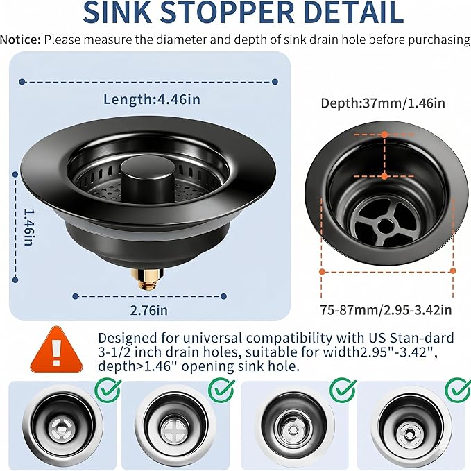 3-in-1 Kitchen Sink Drain Strainer & All-Purpose Sponges, 304 Stainless Steel Sink Stopper Pop-Up Drain Plug with Anti-Clogging Food Catcher Basket, Odor Blocker, Fits US Standard 3-1/2 Inch Sinks