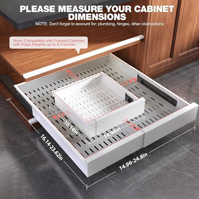 Seinloes Pull Out Cabinet Organizer,4-Side Expandable to Maximize Cabinet Space,Slide Out Drawers with 3 Rail Design,Roll Out Shelf with Raising Pad for Framed Cabinet,15"-25"W x 17"-24"D,White,2 Pack