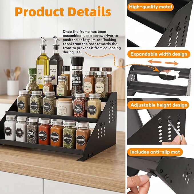RICHMYC 3 Tier Spice Rack Organizer for Cabinet, Expandable Metal Spice Organization Shelf, Adjustable Step Seasoning Organizer for Countertop and Pantry, Anti-Slip Kitchen Spices Storage Display