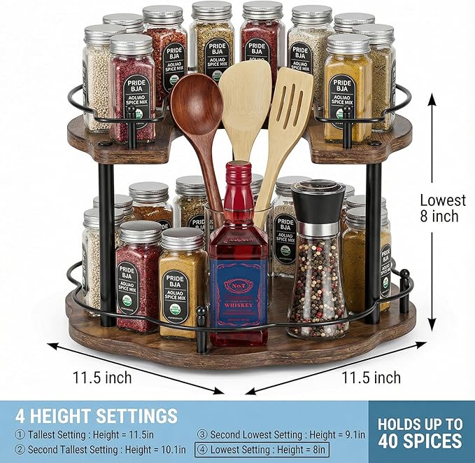 12 Inch Wood Lazy Susan Organizer Spice Rack, Lazy Susan Organizer, Height Adjustable Spice Rack, Kitchen Cabinet Storage and Pantry Turntable for Seasonings, Cans, Jars