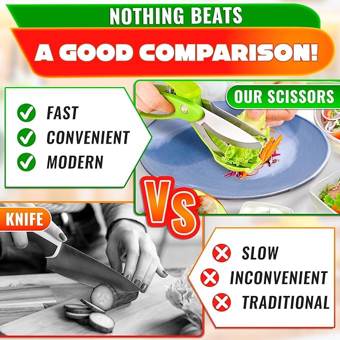 Salad Scissors for Chopped Salad - Effortless Double-Blade Chopping in Bowl, No Knife or Cutting Board Needed - 8.9" Stainless Steel Vegetable Scissors, Safety Lock, Lettuce Cutter Tool for Veggies