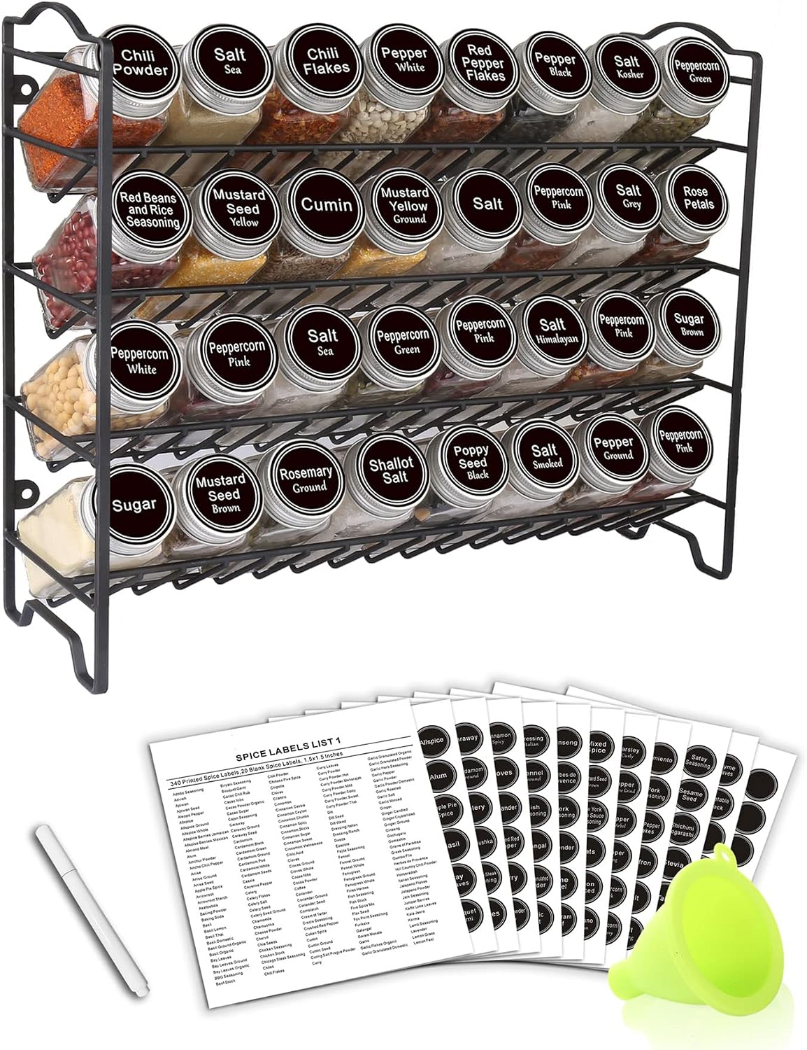 Spice Rack Organizer with 32 Glass Spice Jars and 396 Spice Labels