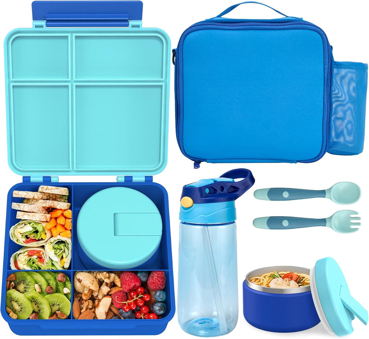 Kids Bento Lunch Box with 8oz Soup Thermo, Water Bottle, Kids Leakproof Lunch Food Containers with 4 Compartment, Insulated Hot Food Jar with Lunch Bag for School, Trvael (Blue)