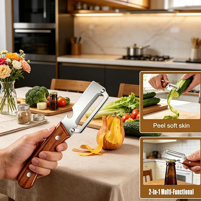2 in 1 Multi Functional Vegetable Peeler for Kitchen，Vegetable Peeler with Wooden Handle and Bottle Opener, Stainless Steel Blade Kitchen Tool for Fruit Apple Carrot Potato Pumpkin Papaya(2PCS)