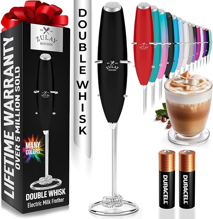 Zulay Kitchen Powerful Milk Frother Wand With Duracell Batteries - Ultra Fast Handheld Drink Mixer - Electric Whisk Foam Maker for Coffee, Lattes, Cappuccino & Matcha - Double Whisk - Alpha Black