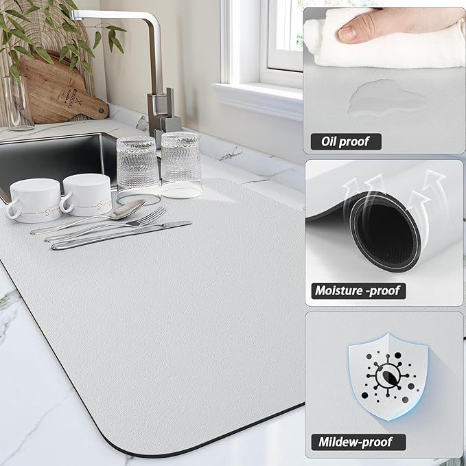 HotLive Dish Drying Mat for Kitchen Counter, Heat Resistant Drainer Mats with Non-slip Rubber Backed, Hide Stain Kitchen Super Absorbent Draining Mat, Easy to Clean Dish Rack Pad, Light Grey 16"x20"