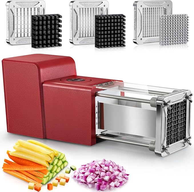 Sopito French Fry Cutter Electric Vegetable Slicer Stainless Steel with 3 Blades 1/4 3/8 1/2 Inch for Potatoes, Carrots, Cucumbers & Onions, Red