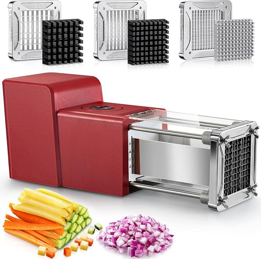 Sopito French Fry Cutter Electric Vegetable Slicer Stainless Steel with 3 Blades 1/4 3/8 1/2 Inch for Potatoes, Carrots, Cucumbers & Onions, Red