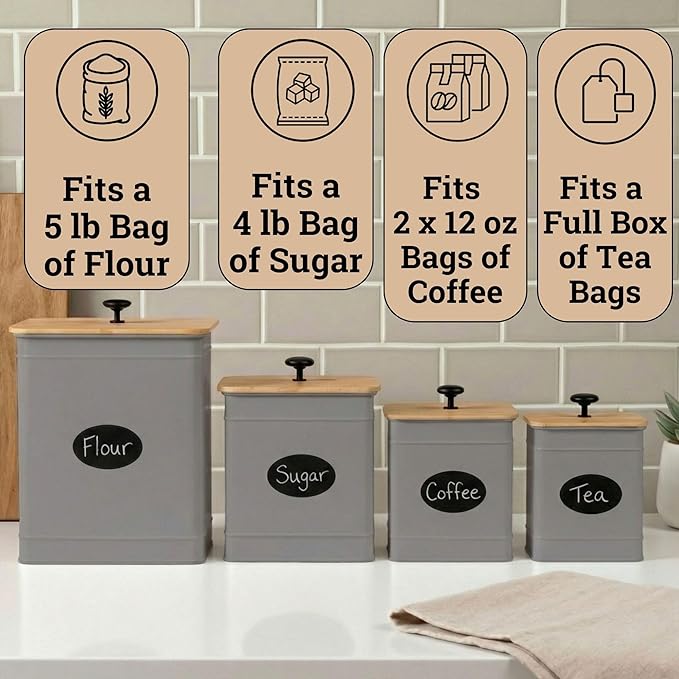 Kitchen Canisters for Countertop Set of 4 with Customizable Chalkboard Labels & Marker Pen - Big Iron Kitchen Canisters with Airtight Lids - Gray Canister Set - Flour and Sugar Containers Farmhouse