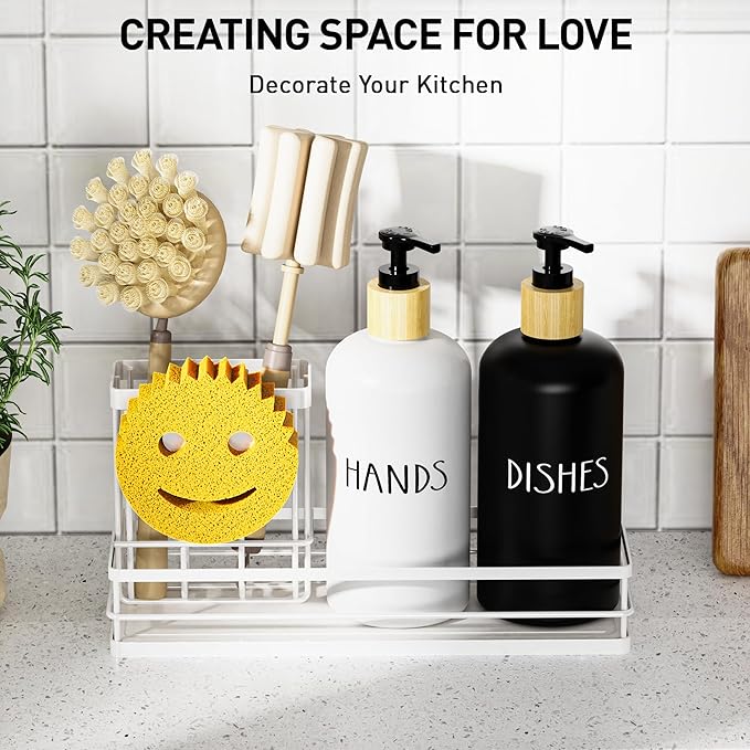 Moforoco Kitchen Dish Soap Dispenser Set, 16OZ Glass Bottle, Hand and Dish Soap Dispenser Set, Instant Dry Tray, Brush Holder with Smiley Face Sponge Holder (White Tray+Black&White Bottle)