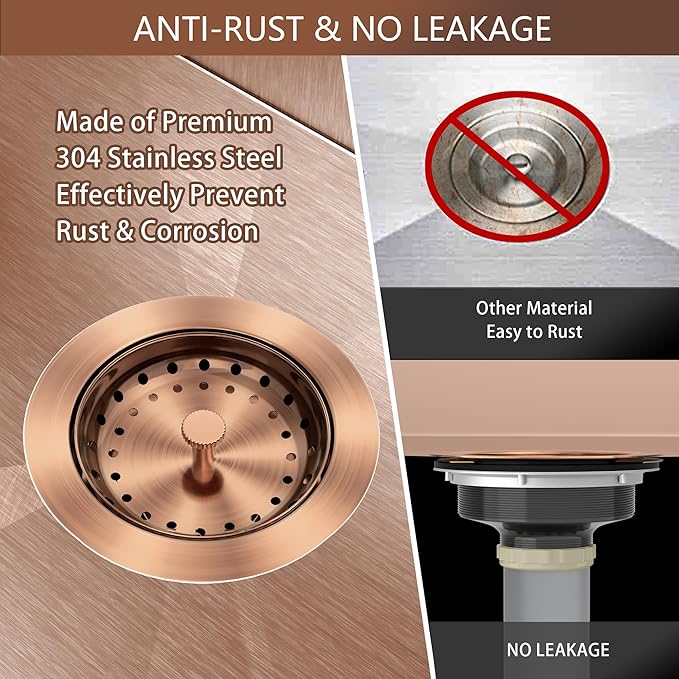 Kitchen Sink Drain Copper 3-1/2 Inch Stainless Steel Kitchen Drain Strainer Assembly Kit with Strainer Basket and Drain Stopper for Standard Sink Drains Antique Copper