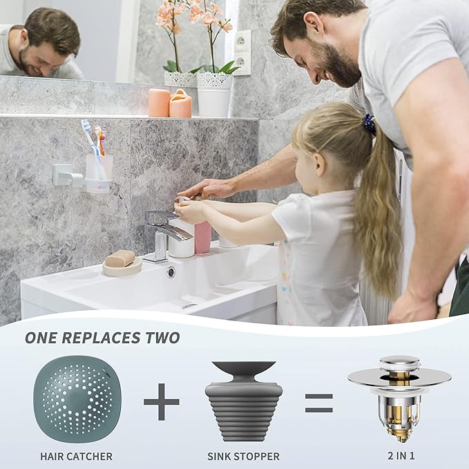 Universal 2 in 1 Bathroom Sink Stopper, Pop Up Bathroom Sink Drain Strainer with Anti-Clogging Filter Basket, Bathroom Drain Stopper Sink Plug for 1.06"-1.65" Basin Drain Holes