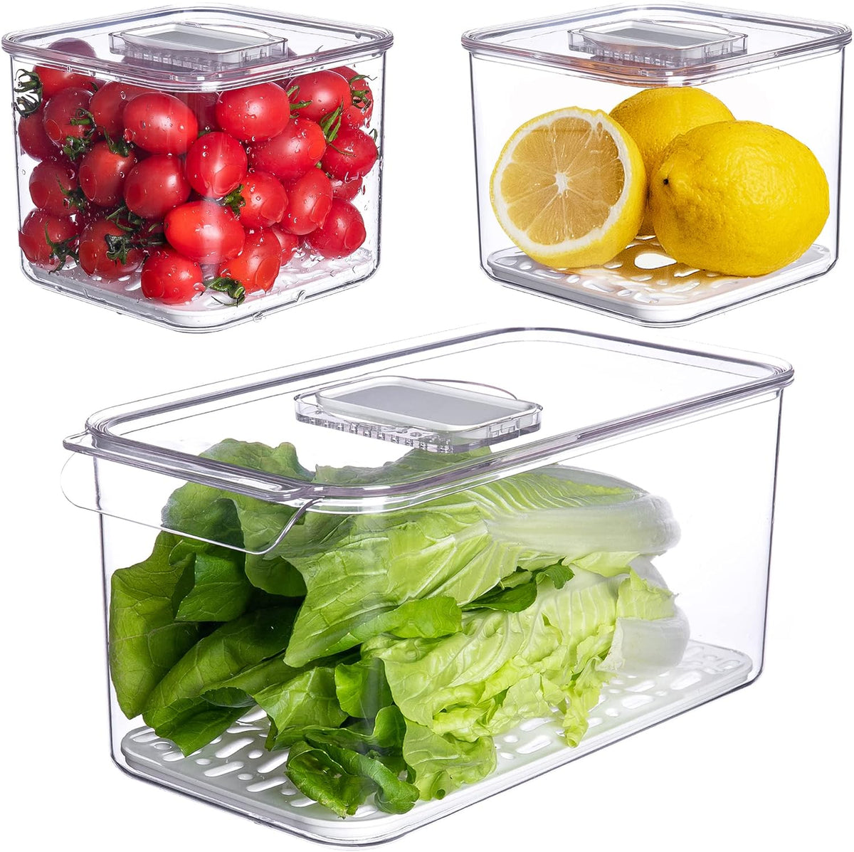 Fresh Produce Saver for Refrigerator, 3 Pcs Food Fruit Lettuce Keeper Containers, Salad Vegetable Storage Organizers Stackable, BPA-free Stay Fridge Storage Containers