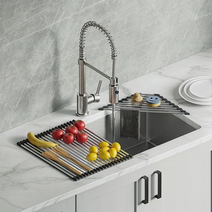 Dowell Over The Sink Roll-Up Dish Drying Rack, Foldable Tube Design, Space Saving Sink Organizer, Sturdy, Easy to Clean, Stylish Look - Triangle+Rectangular - Stainless Steel