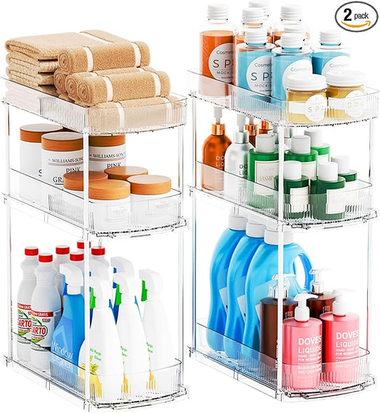 Yieach 2 Pack 13.8″ Deep 3 Tier Under Sink Storage Organizer,Large Pull Out Bathroom Organizers and Storage,Slide Out Acrylic Undersink Storage Shelf,Kitchen Under Sink Organizer for Cleaning Products