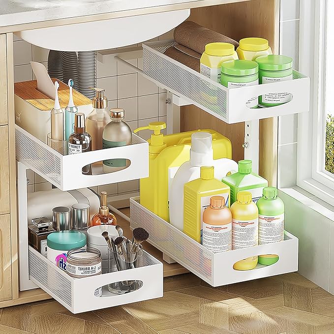 2 Pack Under Sink Pull Out Organizer, 5-Level Adjustable Height to Fit U/L Shape Plumbing Pipes, Carbon Steel 2-Tier Storage Rack for Kitchen Bathroom Cabinet, White