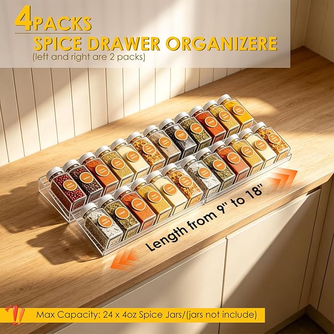 4 Pack Spice Drawer Organizer, Acrylic Spice Rack Expandable From 9" to 18", Clear Seasoning Organizer Tray for Kitchen Holds up to 24 Jars (Jars Not Included)