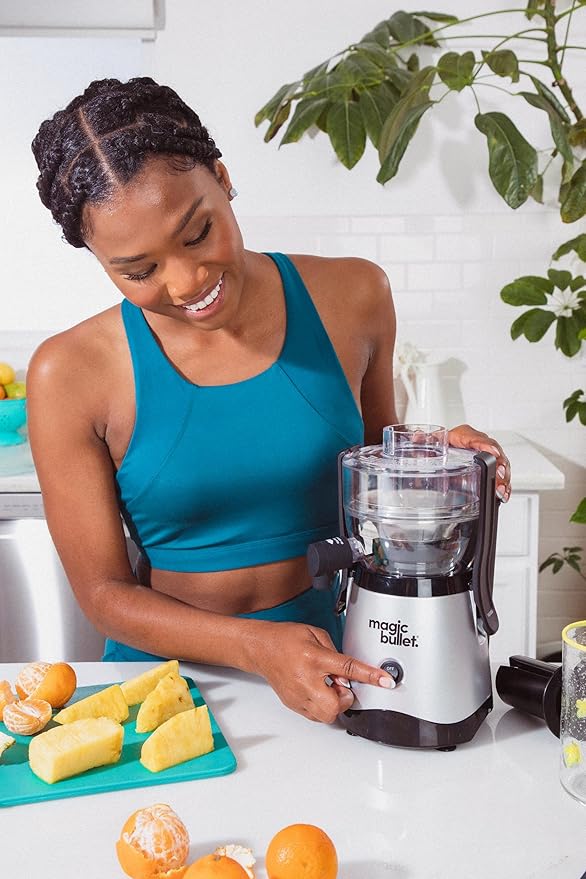 magic bullet Mini Juicer, Countertop Space-Saving, 2" Feed Chute for Fruits and Vegetables, 400W, Compact Design, Black/Silver, MBJ10100