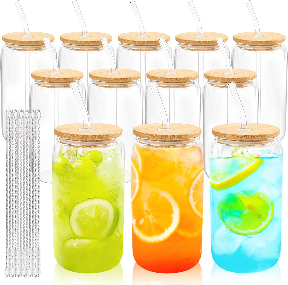 12Pcs Glass Cups with Bamboo Lids and Straws Bulk 16 oz Can Shaped