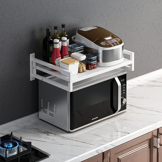 ABCOOL Wall Mount Microwave Oven Shelf Rack, White Carbon Steel Counter Countertop Holder with Hook Rail and 3 Slidable Hooks for Kitchen Home