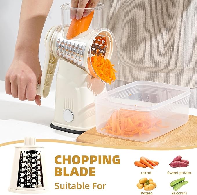 Rotary Cheese Grater with Handle, Vegetable Shredder with 5 Replaceable Blades & Strong Suction Base, Round Food Slicer & Chopper for Kitchen Fruit Vegetables Nuts with Blade Storage Box (Beige)
