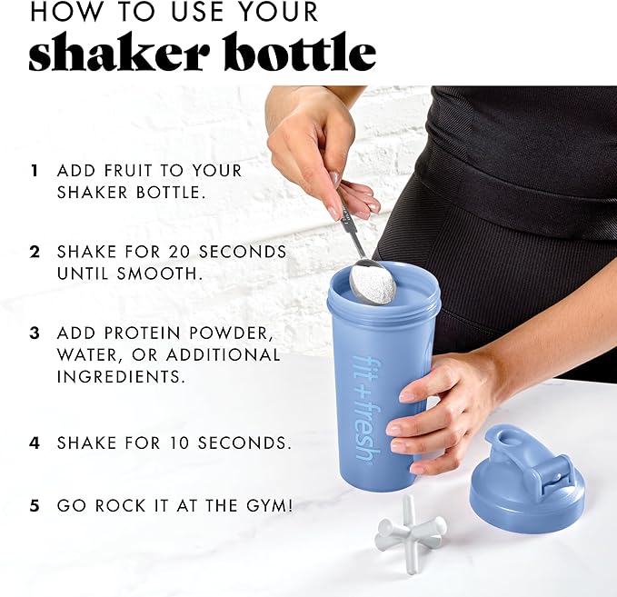 Fit & Fresh Shaker Bottle, Leak Proof Sports Blender Bottle Easy to Clean, Durable Protein Shaker Cup 24 oz.with Unique Agitator for Smooth Mixing, Cornflower Blue