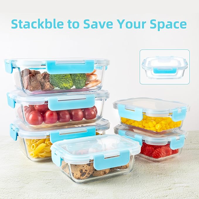 16PCS (8 Bowls + 8 Lids) High Borosilicate Glass Meal Prep Containers, Food Storage Containers with Airtight Lids, Glass Lunch Bento Boxes,Dishwasher Safe, blue