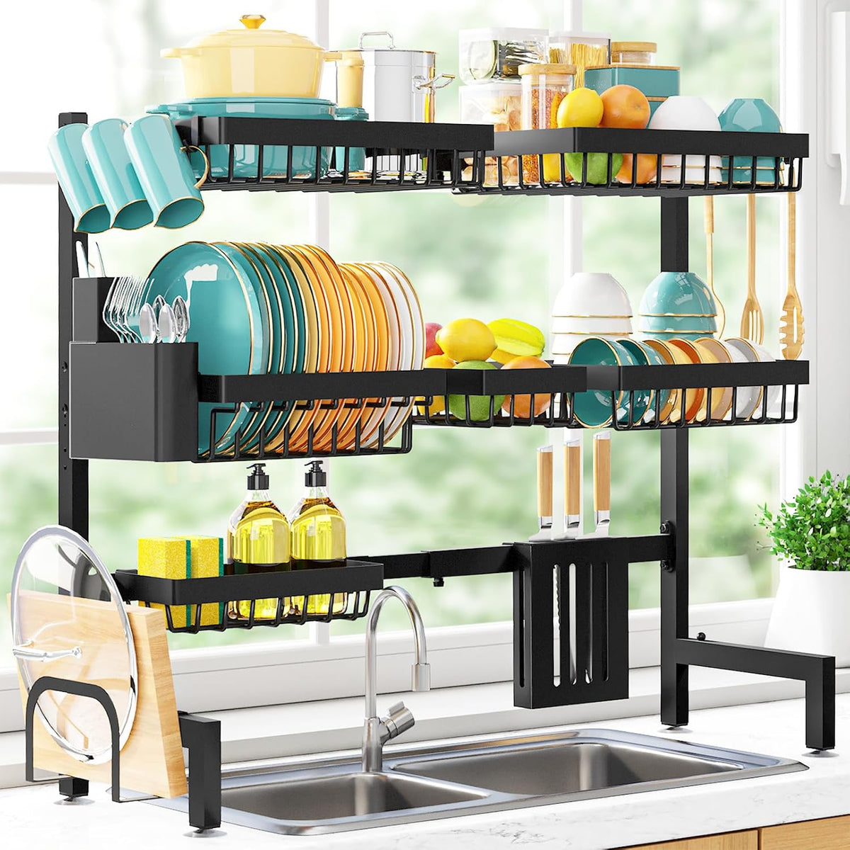 Over The Sink Dish Drying Rack - Adjustable 3 Tier XX-Large Capacity Stainless Steel Drainer with Cutlery & Utensil Holders, Kitchen Storage & Organization, 31.5"-39.5"L x 12"W x 30.5"H, Black