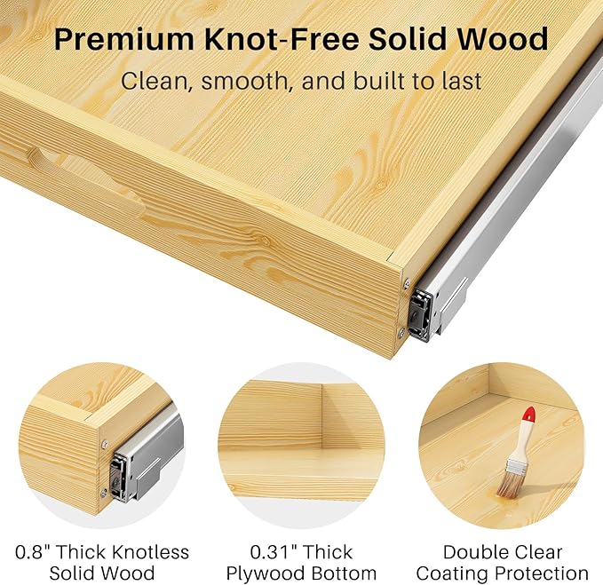 Pull Out Cabinet Organizer, Soft Close Wooden Slide Out Drawers for Pots and Pans, Full-extension Roll Out Shelves for Kitchen Cabinets, Pantry Organization, Bottom & Side Mount(26"W X 21"D x 3.4''H)