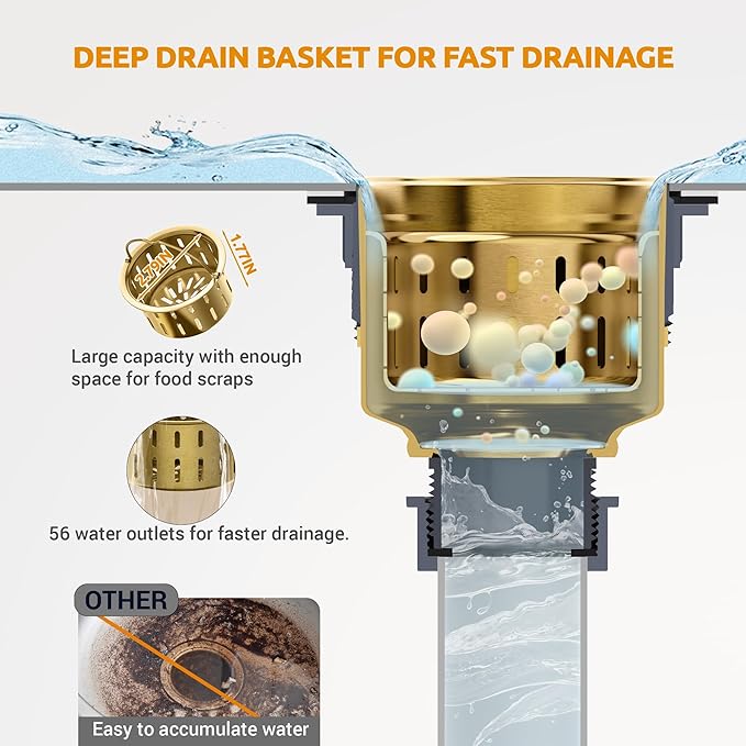BOTEMY Kitchen Sink Drain Assembly with Removable Deep Basket Strainer, Anti-Clog Sink Drain Kit, Stainless Steel & ABS, Easy Clean Lift-Out Strainer, Fits Standard 3-1/2 Kitchen Sinks - Gold