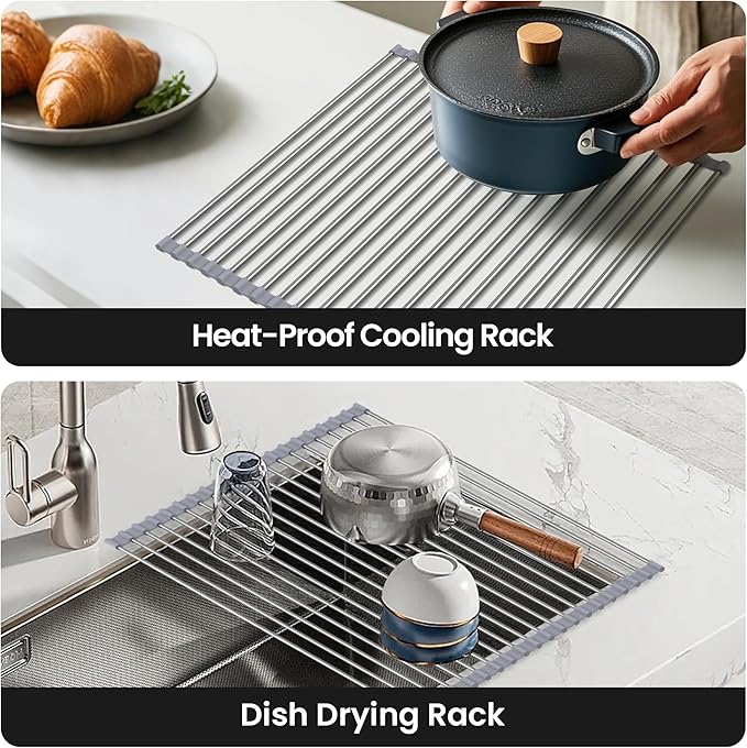 Roll Up Over Dish Rack 17.7”Lx15.5”W, Kitchen Drainer Rack, Gray