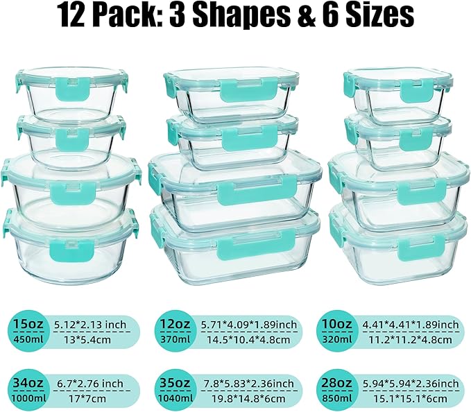 12 Pack Glass Food Storage Containers Set, Glass Meal Prep Containers with Lids, Airtight Lunch Containers, Dishwasher Safe, mint green