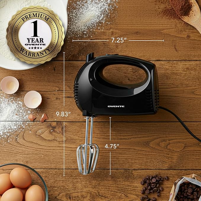 OVENTE 5-Speed Corded Electric Hand Mixer with Stainless Steel Whisks, Compact Portable Design with Snap-On Storage Case,150W Lightweight Handheld Mixer for Baking & Cooking, Black HM151B