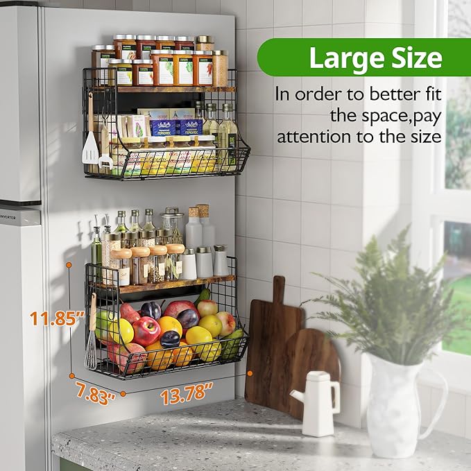 Magnetic Shelf for Fridge with Wood Lid, Fruit Potato and Onion Storage Bins, Pantry Organizers and Storage, Strong Magnetic Spice Rack for Refrigerator, Kitchen Counter and Laundry Room (X-Large)