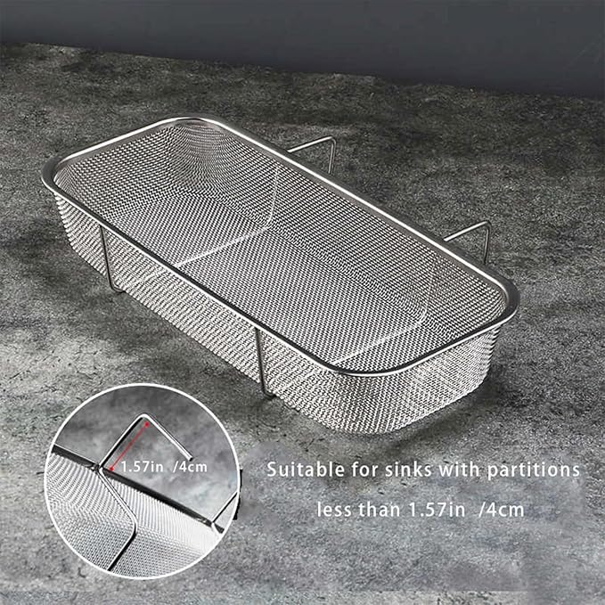 Stainless Steel Side Sink Drain Strainer Basket, Corner Hanging Sink Strainer Colander Drain Basket, Kitchen Sink Food Waste Filter and Vegetables Fruits Clean (Silver rectangle)