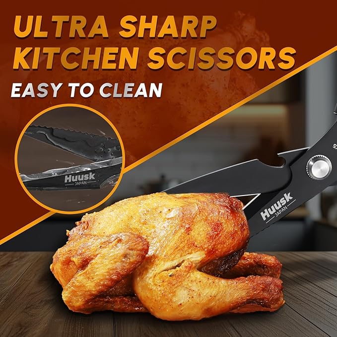 Huusk Kitchen Scissors for Food - Stainless Steel, Sharp Black Meat Scissors, Dishwasher Safe, Heavy Duty Poultry Shears, Japanese Cooking Scissor for Chicken, Turkey, and More