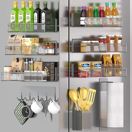 Magnetic Spice Rack for Refrigerator, 10 Pack 100% Metal Strong Magnet Shelf, Moveable Spice Organizer W/ Adjustable Paper Towel Holder