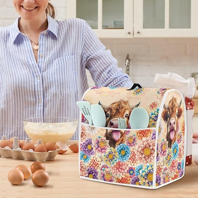 Flower Cow Kitchen Stand Mixer Cover Washable Dust Cover for 4.5-5 Quart Kitchen Mixers with Handle and Pockets Small Appliance Protector for Home Decor