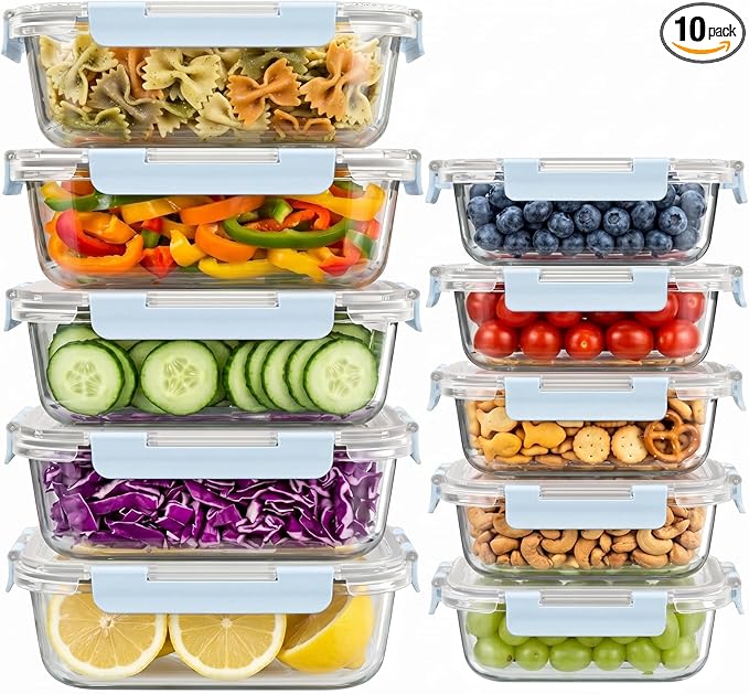 Dealusy 10 Sets (20-Piece) Glass Meal Prep Containers with Lids, Five 36 oz & Five 12 oz Airtight Leak-proof Glass Food Storage Containers with lids, Microwave Oven Freezer Dishwasher Safe, Blue