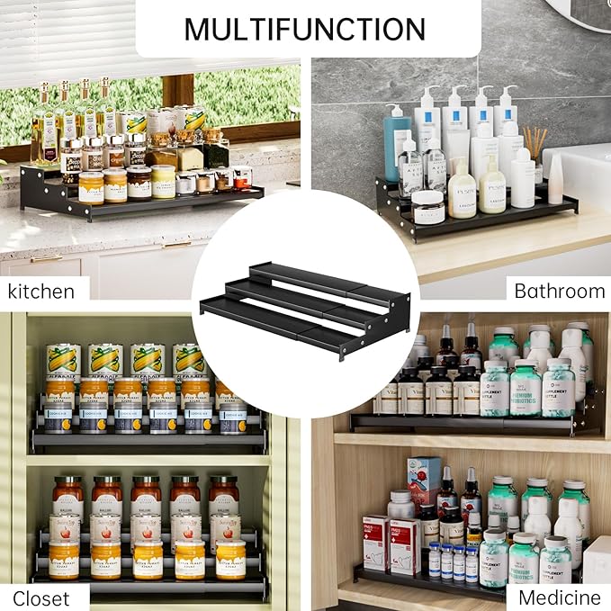 Expandable Carbon Steel Spice Rack Organizer for Pantry, Adjustable 3-Tier Ladder Shelf,Holds Up to 24 Cans,Kitchen Countertop Organizer