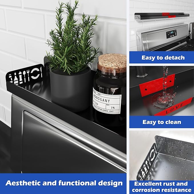 STUTOV 30" Magnetic Stove Top Shelf – Black Spice Rack with Red LOVE Design – Seasoning Organizer for Back of Stove – Over Stove Rack and Kitchen Storage Shelf