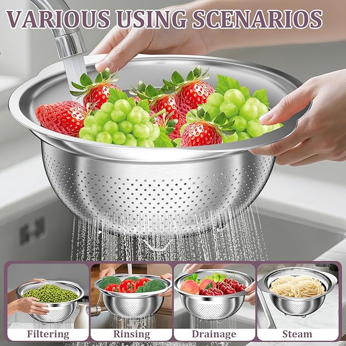 Stainless Steel Colander - 3QT Medium Capacity Strainer with Handle, Kitchen Food Strainer Basket for Washing Vegetables, Fruits, Rice, and Pasta, Kitchen Present for Women